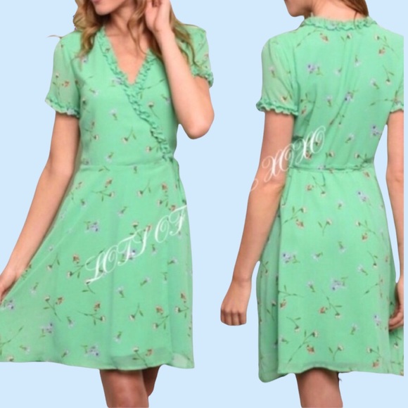 Dresses & Skirts - Green Floral Lined Ruffle Trim Wrap Dress